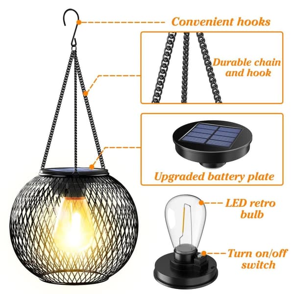 OBOSOE Solcellsdrivna Hänglampor (2-pack) – Vattentäta Metallampor för Trädgård, Patio & Uteplatser | Dekorativ Utebelysning med 8 LED-ljus