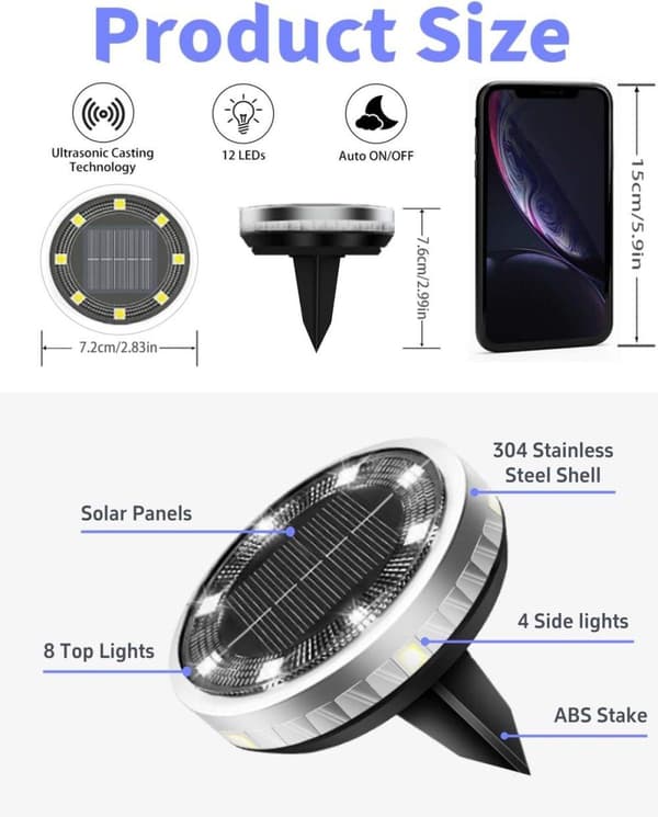 OBOSOE Aurinkolamppu ulkokäyttöön (6 kpl) – Upotetut aurinkolamput 8 LED | IP65 vedenpitävä ja automaattinen | Ajotielle, kävelytielle ja puutarhalle
