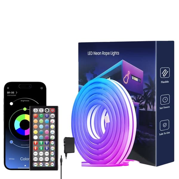 RGB LED Neon -köysivalot, sovellus/kaukosäädin, musiikin synkronointi,30M