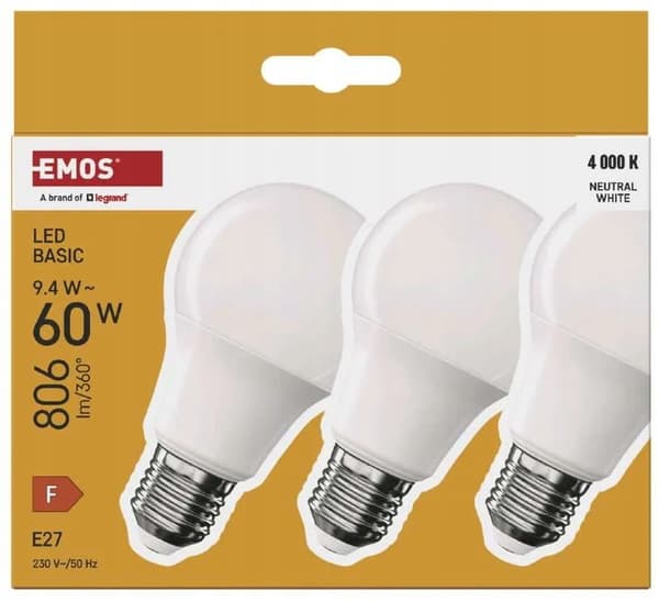 Sæt med 3 energibesparende LED-pærer E27 neutral hvid 9,4 W 806 lm