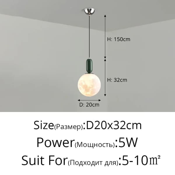 Måne Glas Kugle Pendel Lys, 5W Effekt, Egnet til 5-10 m²,3 farver, Grøn 20 cm