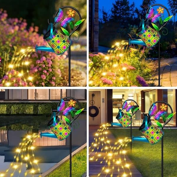 OBOSOE Solcellelampe Havelampe i vandkandeform med sommerfugle, Jordspyd lampe 2-pak