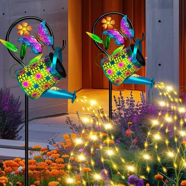 OBOSOE Solcellelampe Havelampe i vandkandeform med sommerfugle, Jordspyd lampe 2-pak