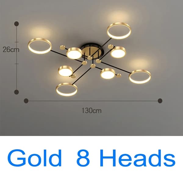 Modern taklampa, guldfinish, fjärrkontroll, flera huvudalternativ,3 Färgändring, Guld 8H