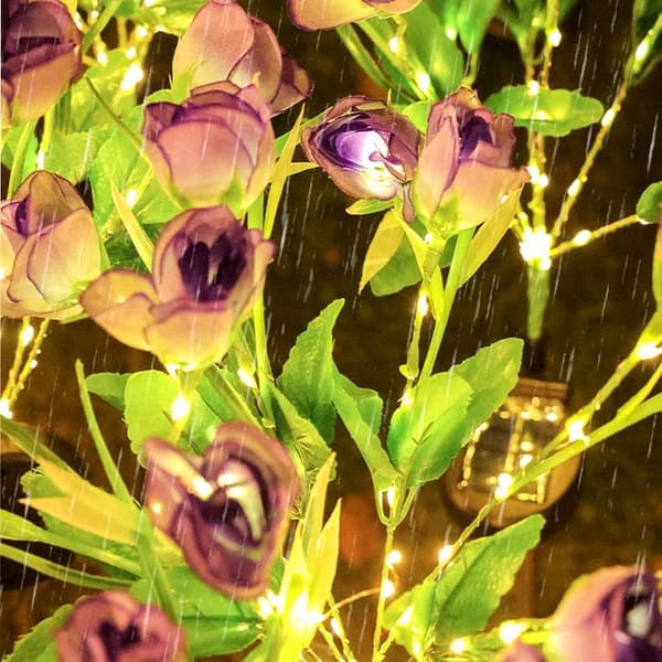 OBOSOE solcelledrevet lilla havelampe med 7 dråbeformede blomsterhoveder – LED udendørs belysning med jordspyd, kunstig blomst