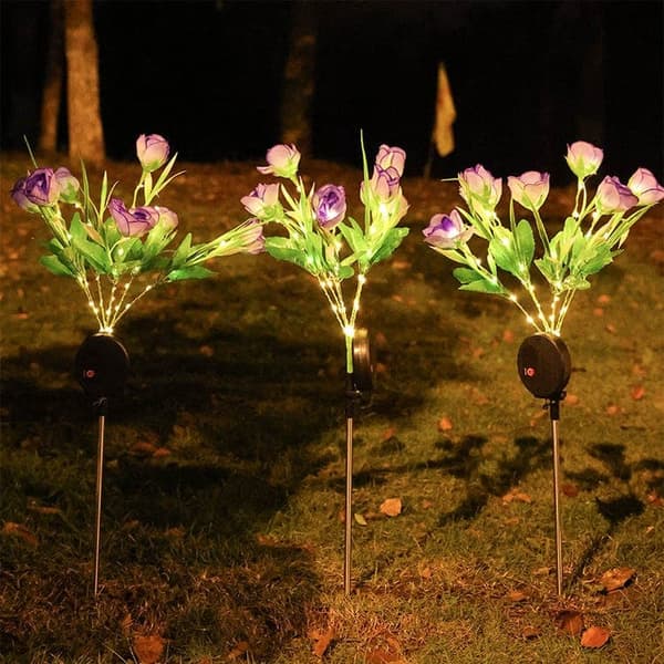 OBOSOE solcelledrevet lilla havelampe med 7 dråbeformede blomsterhoveder – LED udendørs belysning med jordspyd, kunstig blomst