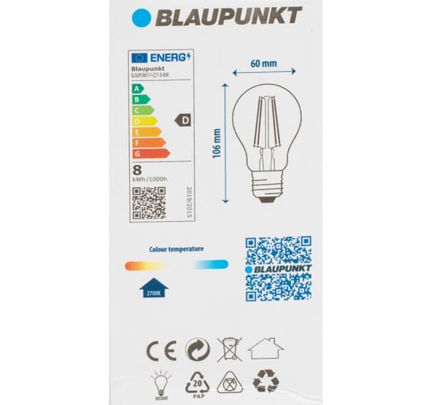 Blaupunkt LED-lampa E27 Filament A60 1055lm 8W 2700K