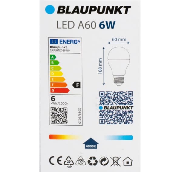 Blaupunkt LED-lampa E27 A60 600lm 6W 4000K 4st