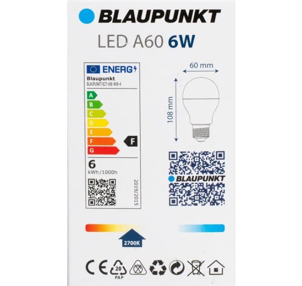 Blaupunkt LED lampe E27 A60 570lm 6W 2700K 4stk