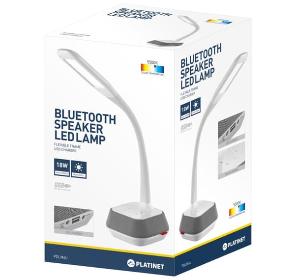 Platinett bordlampe med høyttaler og USB-lader PDLM6U 18W (44126)