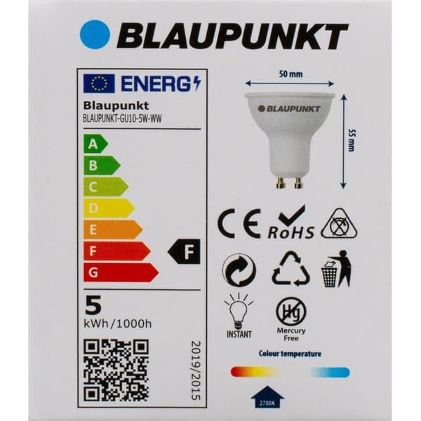 Set med 5 produkter. Blaupunkt LED-lampa GU10 500lm 5W 2700K