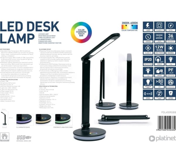 Platinet desk lamp PDL400 12W, black (45938)