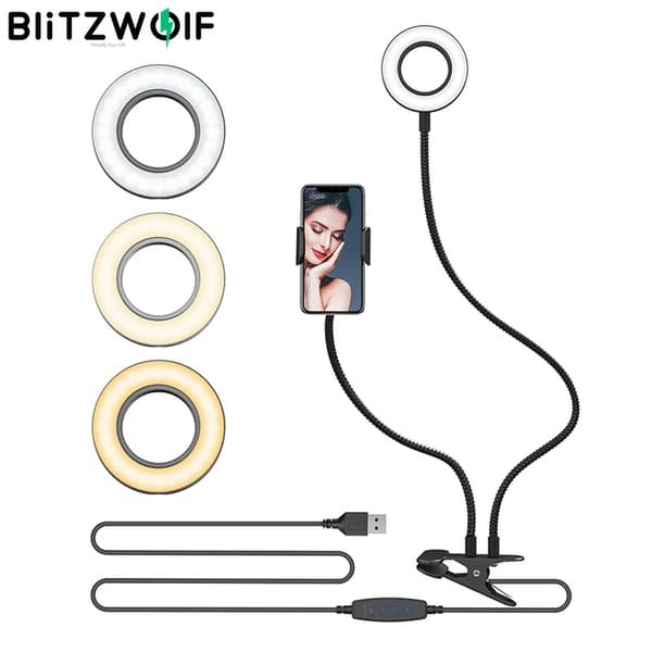 [Fleksibel svanehals, 3 lystilstande] BlitzWolf BW-SL6 Clip Fill Ring Light med 360° telefonholderbeslag 10 lysstyrkeniveauer USB-strømforsyning