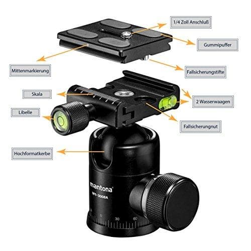 Mantona Onyx 8 -pallopää (M1-3008A) Arca-Swiss-yhteensopiva pikalukituslevy, 50 mm ammattikäyttöön tarkoitettu viimeistely DSLR-kameralle, peilittömäl