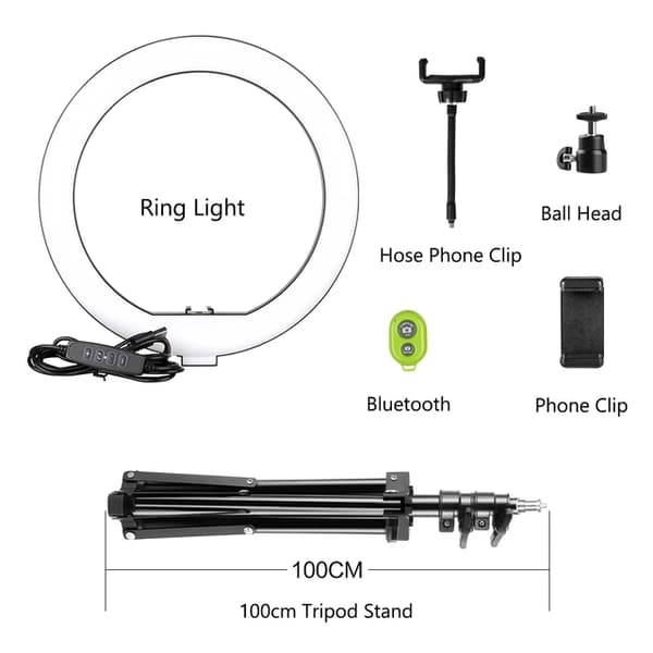 LED-ringlampa, 10-tums diameter, justerbart stativ, 150cm stativ