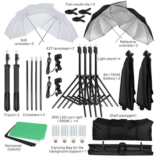 Fotobelysningssats, LED-softboxparaply, 4-färgad bakgrund, Kit 1