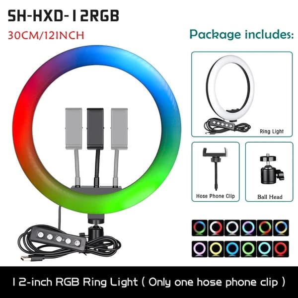 Selfie Ring Light, halkaisija 12 tuumaa, 15 väriä, säädettävä jalusta, SH-HXD-12RGB