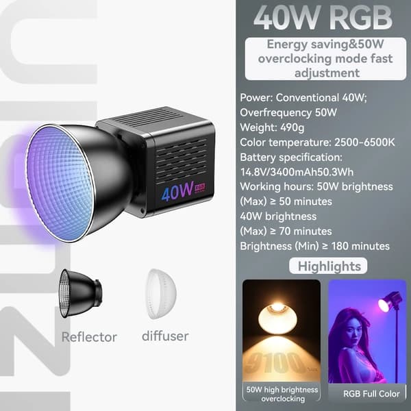 RGB Video Lys, Justerbar Farvetemperatur, 20 Belysnings Effekter,40W RGB Ingen stik
