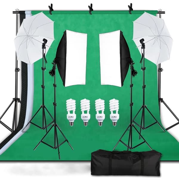 Studiofotografi Lyskittet, inkluderer 45W LED-pærer, justerbare lysstativer, alsidige baggrunde.