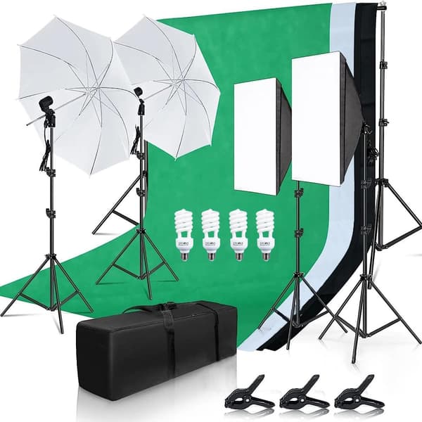 Studiofotografi Lyskittet, inkluderer 45W LED-pærer, justerbare lysstativer, alsidige baggrunde.