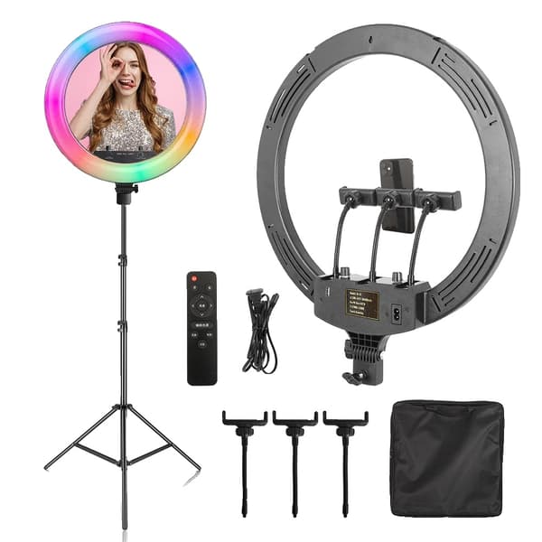 18 tuuman RGB-renkaisvalaisin, säädettävä kirkkaus, useita värilämpötilavaihtoehtoja,150 cm jalustan RGB