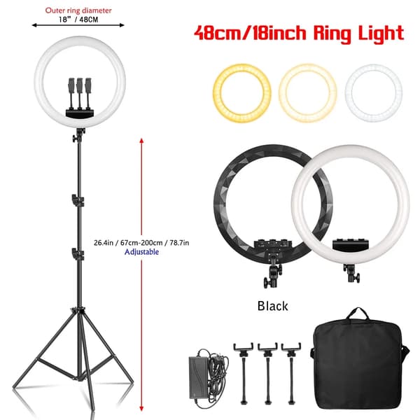 18 Tommer RGB Ringlys, Justerbar Lysstyrke, Høj CRI,C 200 cm stativ
