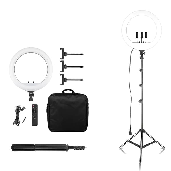 18 tuuman RGB-renkaisvalaisin, säädettävä kirkkaus, korkea CRI,E 200cm kolmijalka