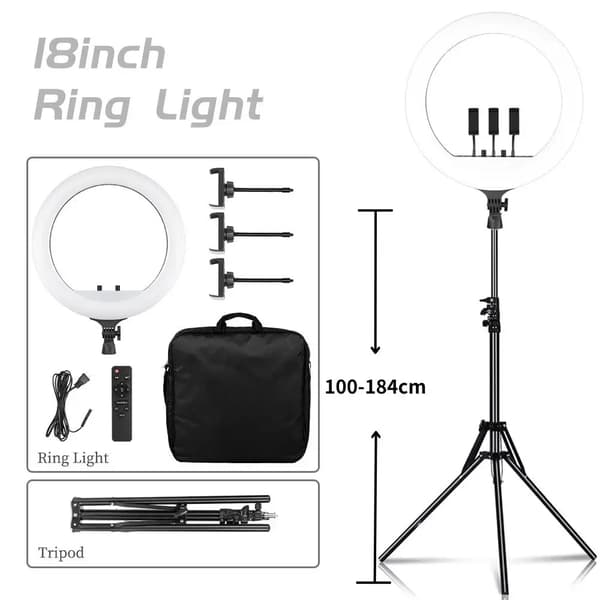 18 tuuman LED-renkaisvalaisin, säädettävä korkeus 65-200 cm, himmennettävä kirkkaus,18E 184cm Jalusta