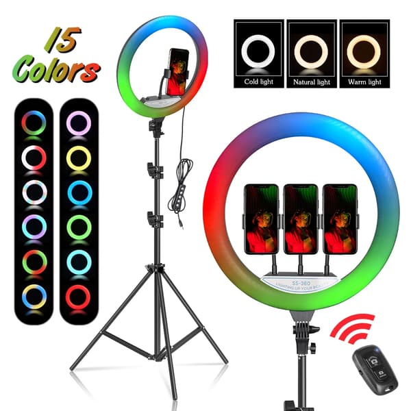 14 Tum RGB Ringlampa, Justerbart Stativ, Bluetooth Kontroll,Med 150 cm stativ