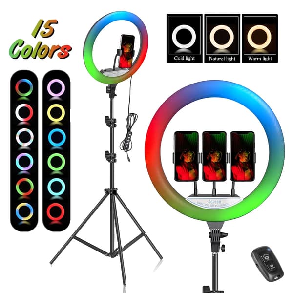 14 Tommer RGB Ringlys, Justerbart Stativ, Bluetooth Kontrol,Med 200 cm stativ