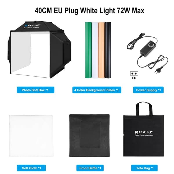 PULUZ Fotostudio Låda, 72W Ljusstyrka, 5500K Färgtemperatur,40CM EU Kontakt