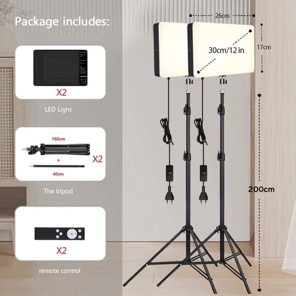 Fotostudio LED-lyspanel, justerbar stativhøjde, fjernbetjeningsbetjening,2 SÆT 200CM tripod