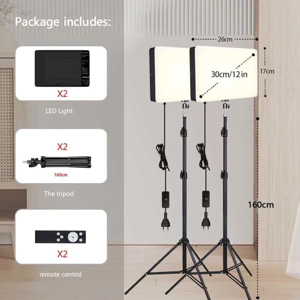 Fotostudio LED-ljuspane, justerbar stativhöjd, fjärrkontrollsdrift,2 SET 160CM stativ