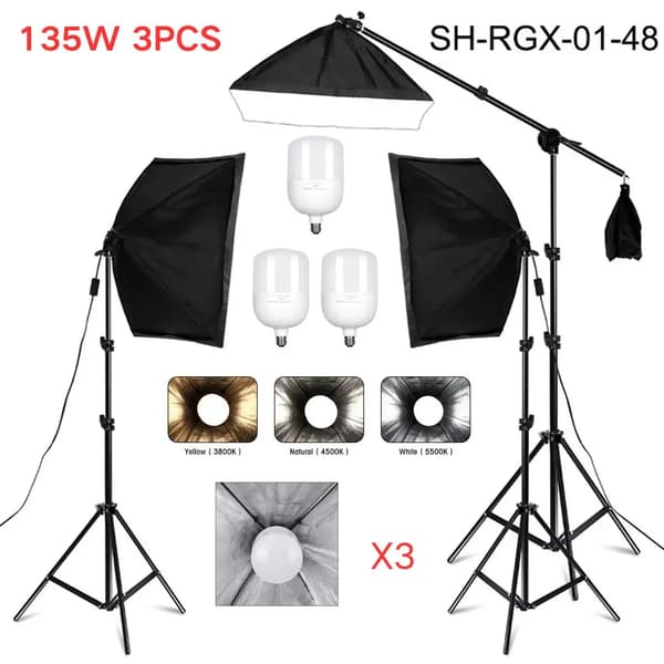 Fotografibelysningskit, 50x70CM Softbox, Justerbar ljusstyrka,3ST 135W