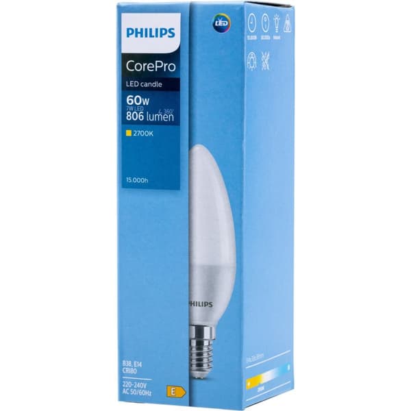 E14 Philips CorePro LED-pære 7W = 60W 2700K varm stearinlyspære