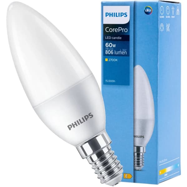 E14 Philips CorePro LED-pære 7W = 60W 2700K varm stearinlyspære