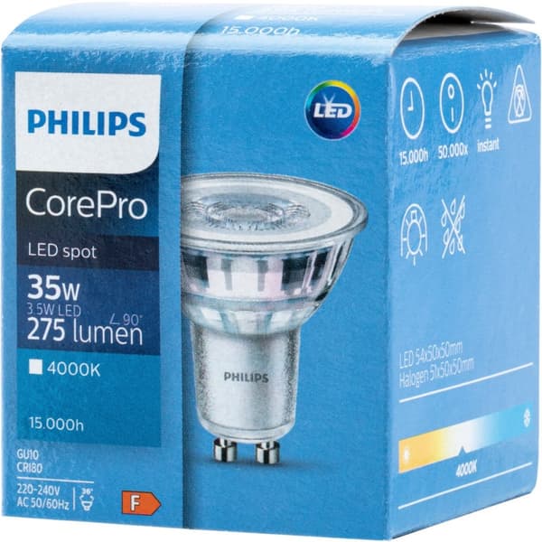 LED-pære GU10 3,5W = 35W 275lm 4000K Neutral 36° PHILIPS