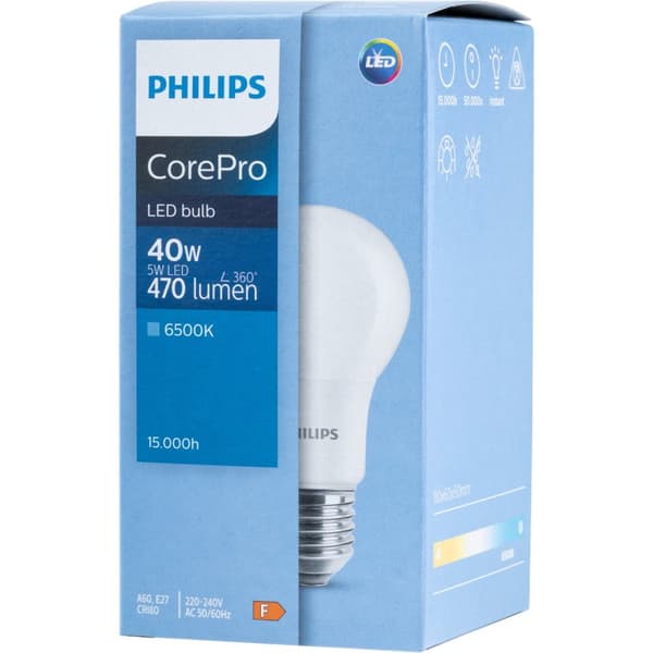LED-pære E27 A60 4,9W = 40W 470lm 6500K Kold 200° PHILIPS
