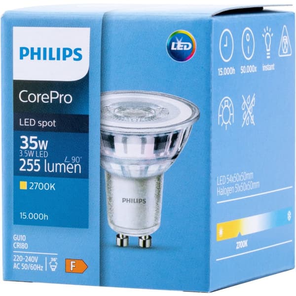 LED-pære GU10 3,5W = 35W 255lm 2700K Varm 36° PHILIPS