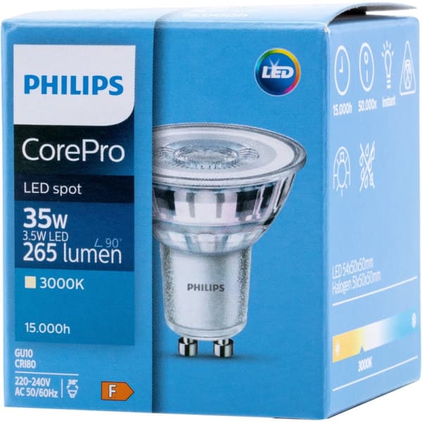 LED-pære GU10 3,5W = 35W 265lm 3000K Varm 36° spotlight PHILIPS