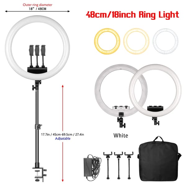 18-tums Selfie Ring Light, Dimmbar Ljusstyrka, Justerbara Stativhöjder,vit skrivbordshållare