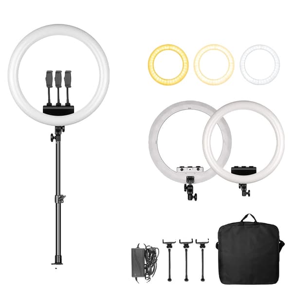 18-tums Selfie Ring Light, Dimmbar Ljusstyrka, Justerbara Stativhöjder,vit  skrivbordshållare