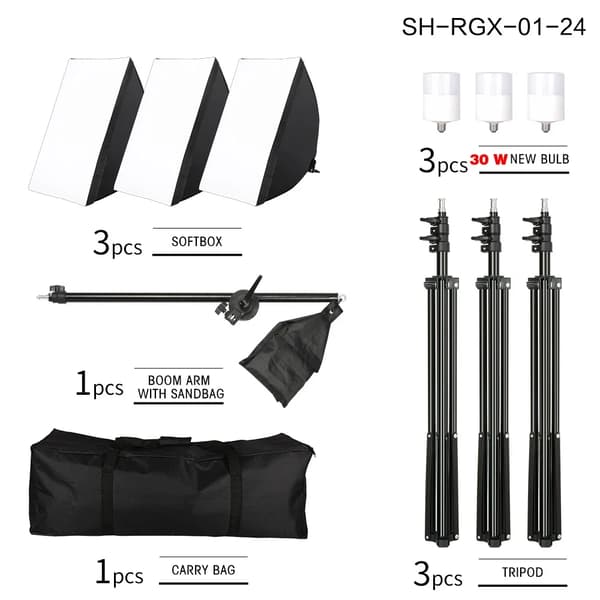 Fotografi Softbox Belysningskit, 3 Softboxar, Justerbara Stativ,3st 30W glödlampor