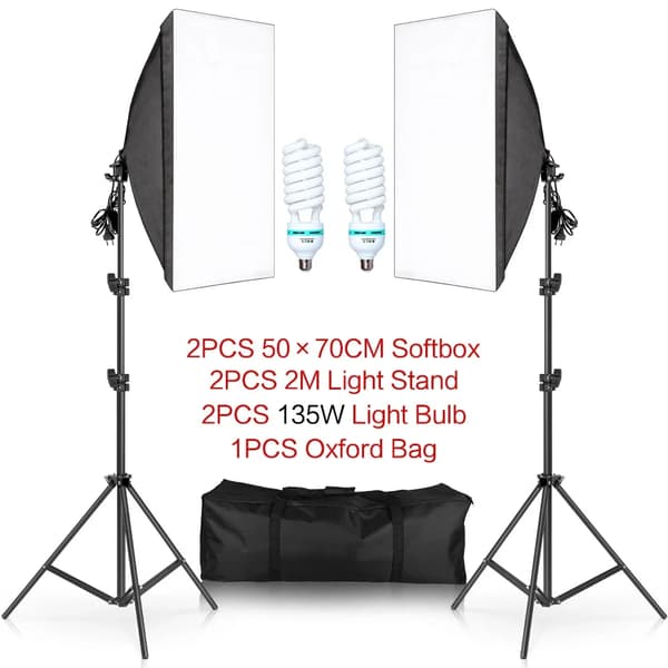 Fotografi Softbox Belysningskit, Justerbart 2M Ljusstativ, Effektiv Polyesterfiber,135W Glödlampor