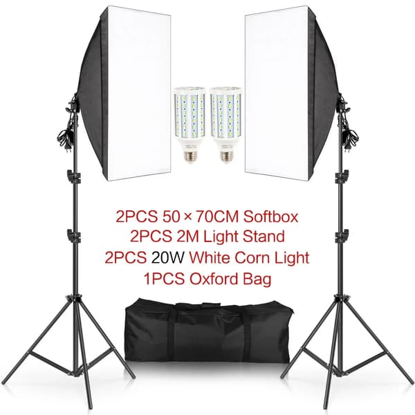 Fotografi Softbox Belysningskit, 50 x 70CM Softbox, 2M Ljusstativ,Kall Vit