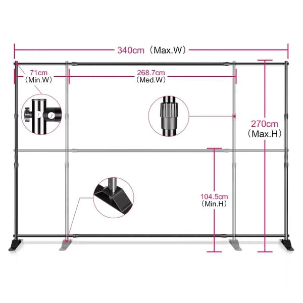 Fotografi Bakgrundsställ, Justerbar Höjd 104,5 cm-270 cm, Justerbar Bredd 197,5 cm-340 cm,Dubbel 2.7x3.4M