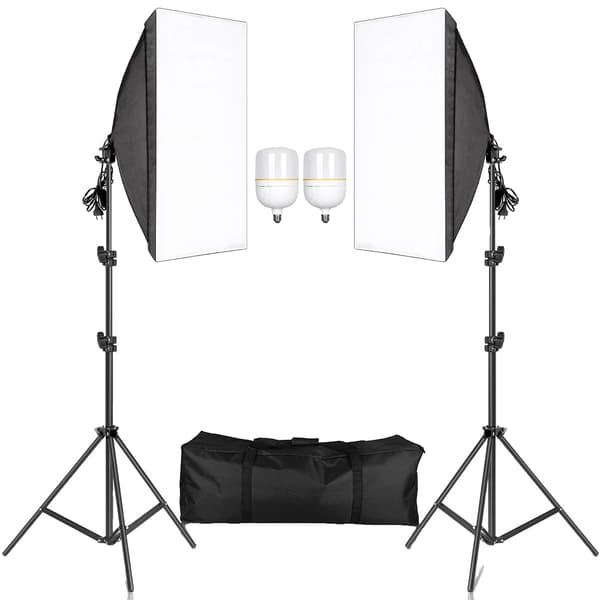 Fotografi Softbox Belysningskit, 50x70CM Mått, Justerbar Ljusstativhöjd,tvåfärgad glödlampa