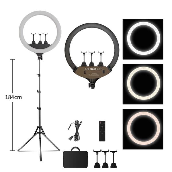 18 tuuman LED-renkaisvalaisin, säädettävä korkeus 65-200 cm, himmennettävä kirkkaus,18F 184cm Jalustat