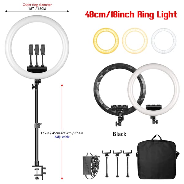 18-tums Selfie Ring Light, Dimmbar Ljusstyrka, Justerbara Stativhöjder,Svart skrivbordstativ