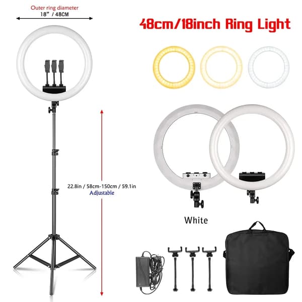 18 tum Ring Light, Justerbar ljusstyrka, 2500k-8500k Färgtemperatur,18D 150cm Stativ
